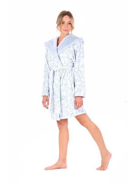 Dámský 3/4 župan s kapucí FLORA světle modrá/bílá
