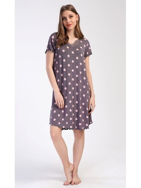 Dámská noční košile s krátkým rukávem Puntíky - hnědá