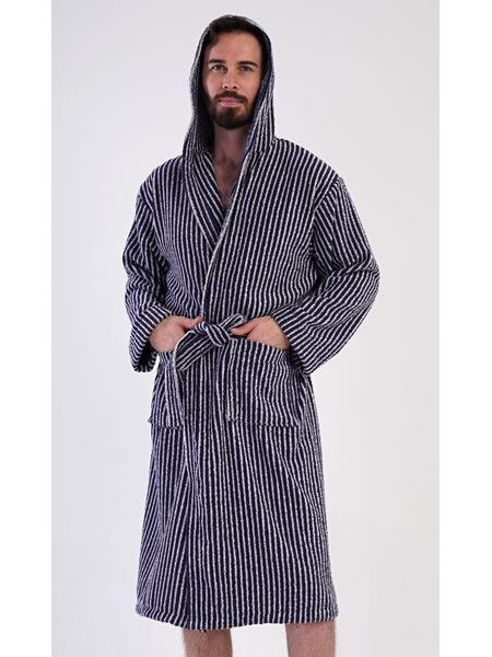 Pánský župan s kapucí Proužek - tmavě modrá