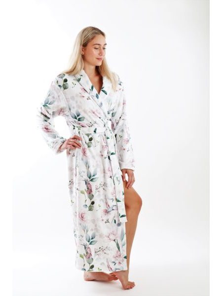 Dámský dlouhý župan s šálovým límcem Calypte Květiny a kolibříci