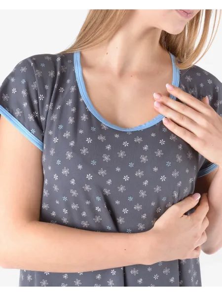 Dámská košilka noční krátký rukáv, šité, s potiskem 19176 - tm. šedá pomnenková