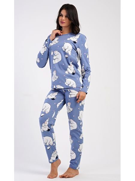 Dámské pyžamo dlouhé Tučňák a méďa - modrošedá
