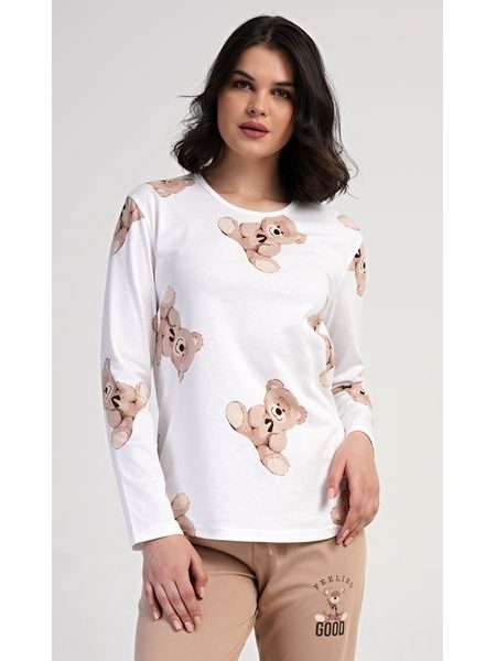 Dámské pyžamo dlouhé Teddy bear - smetanová