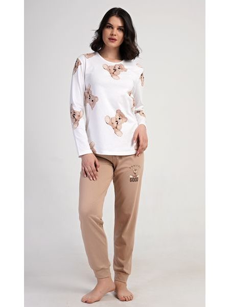 Dámské pyžamo dlouhé Teddy bear - smetanová