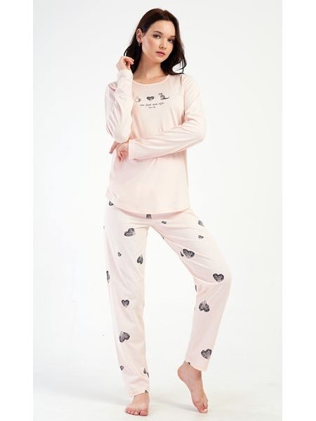 Dámské pyžamo dlouhé Kočka - světle lososová