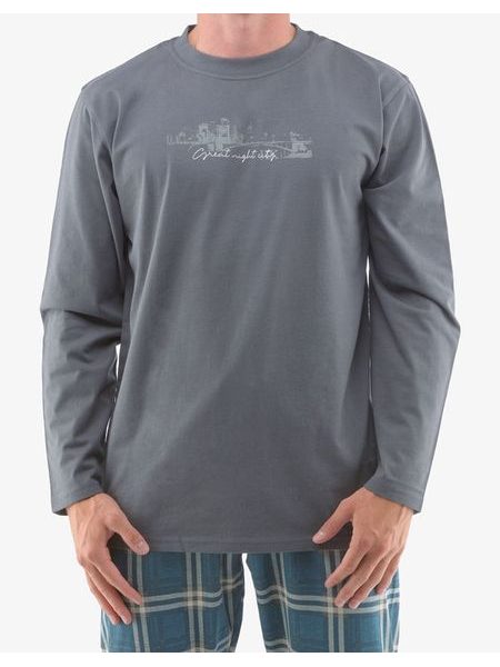 Pánské dlouhé pyžamo s potiskem 79133P - tm. šedá, petrolejová