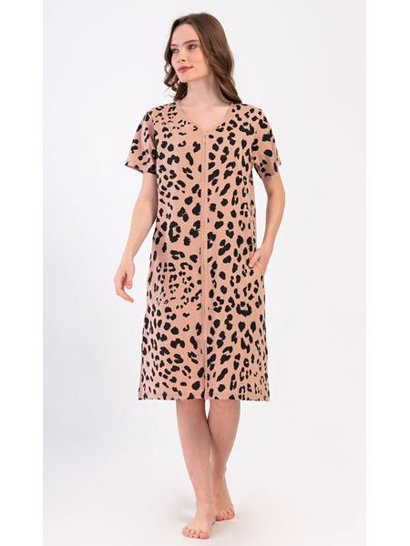 Dámské domácí šaty s krátkým rukávem Leopard - béžová