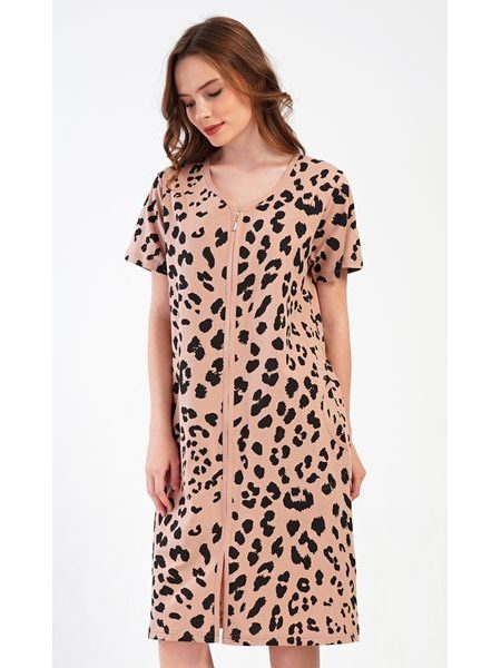Dámské domácí šaty s krátkým rukávem Leopard - béžová
