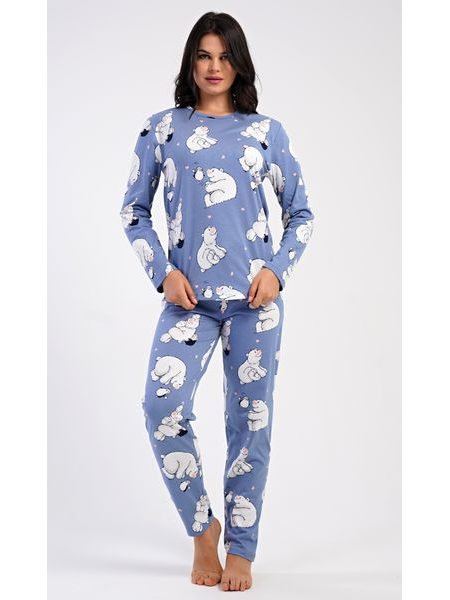 Dámské pyžamo dlouhé Tučňák a méďa - modrošedá
