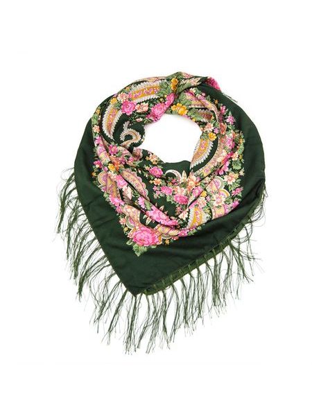 Folk, etnický šátek s třásněmi khaki