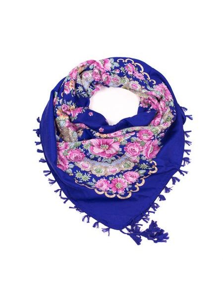 Folkový šátek s květy modro-fialový