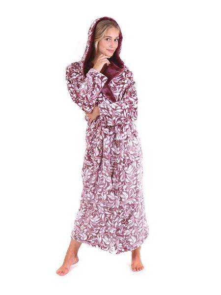 Dámský dlouhý župan s kapucí FLORA vínová/bílá