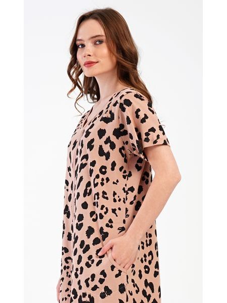 Dámské domácí šaty s krátkým rukávem Leopard - béžová