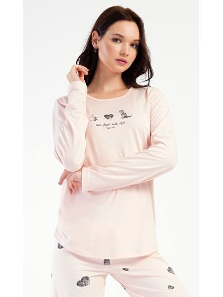 Dámské pyžamo dlouhé Kočka - světle lososová