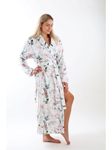 Dámský dlouhý župan s šálovým límcem Calypte Květiny a kolibříci