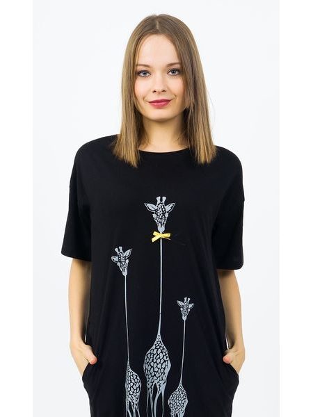 Dámské domácí šaty s krátkým rukávem Žirafy - černá