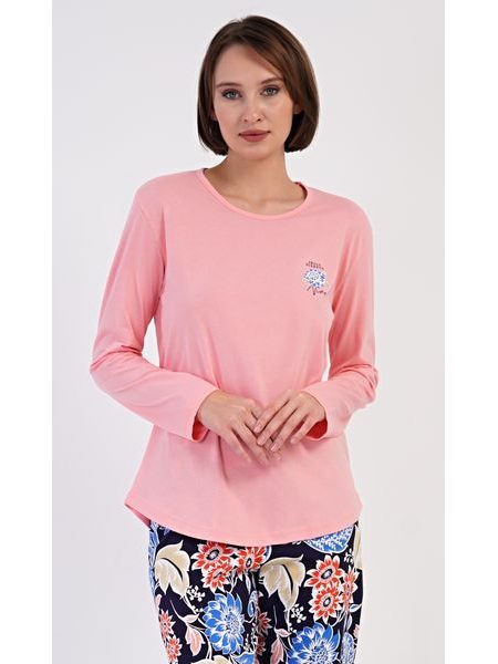 Dámské pyžamo dlouhé Květy - světle lososová