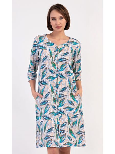 Dámské domácí šaty s tříčtvrtečním rukávem Listy - tyrkysová