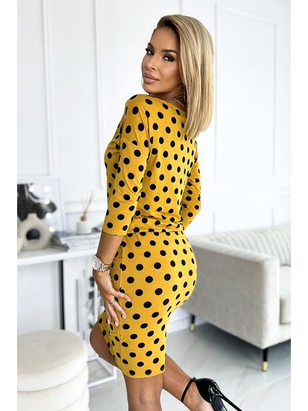 Šaty s kapsami - hořčicová s černými puntíky