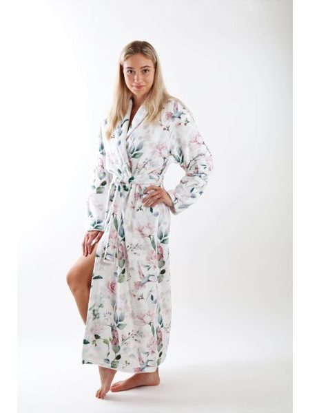 Dámský dlouhý župan s šálovým límcem Calypte Květiny a kolibříci