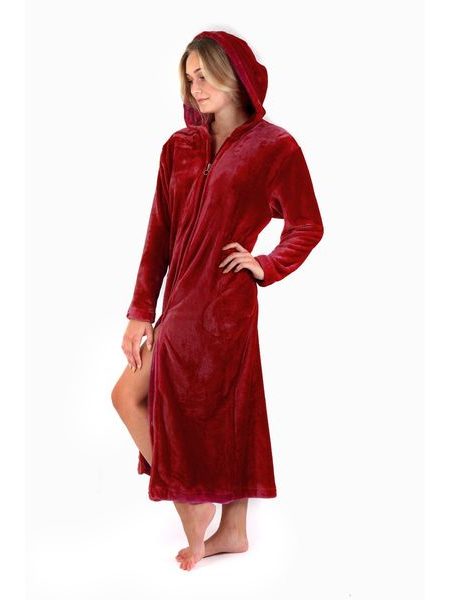 Dámský dlouhý hřejivý župan s kapucí a se zipem SIENA vínová