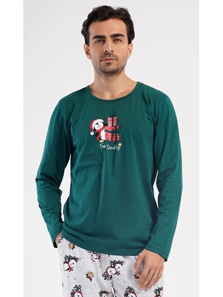 Pánské pyžamo dlouhé Tučňák s dárkem - tmavě zelená