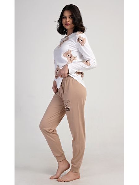 Dámské pyžamo dlouhé Teddy bear - smetanová