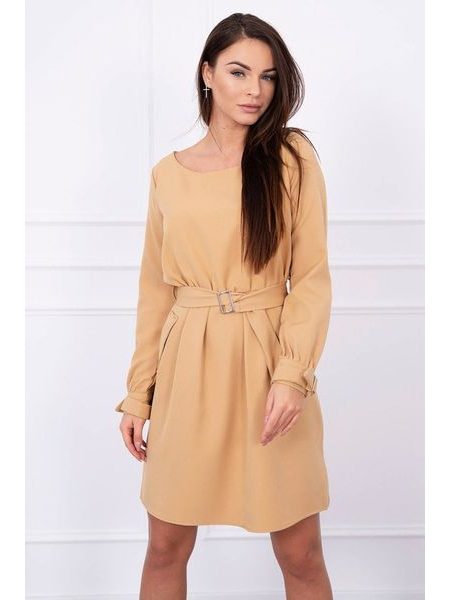 Hořčicové šaty se zavazováním v pase a s kapsami