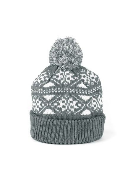 Módní čepice s bambulí zdobená motivem sněhových vloček šedá