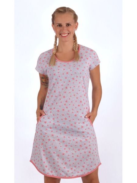 Dámská noční košile s krátkým rukávem Stars - šedá/lososová