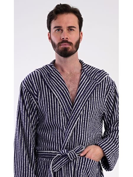 Pánský župan s kapucí Proužek - tmavě modrá