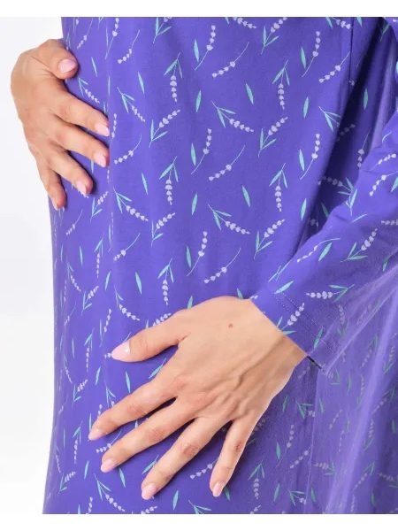 Dámská košilka noční dlouhý rukáv, šité, s potiskem 19173 - levandulová šedobílá