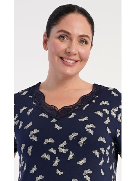 Dámská noční košile s krátkým rukávem Butterflies - tmavě modrá