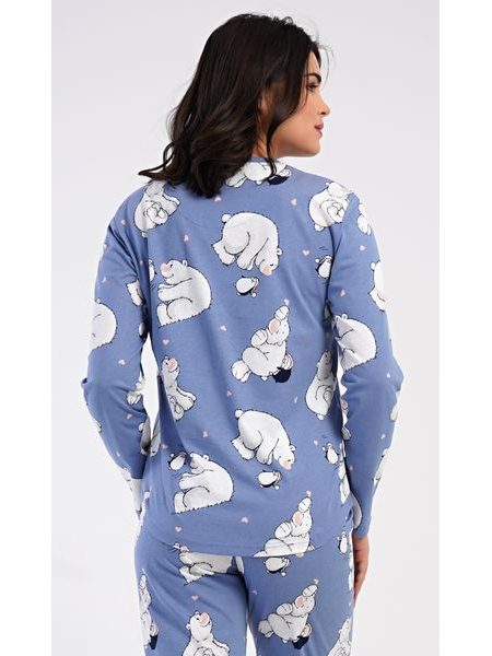 Dámské pyžamo dlouhé Tučňák a méďa - modrošedá