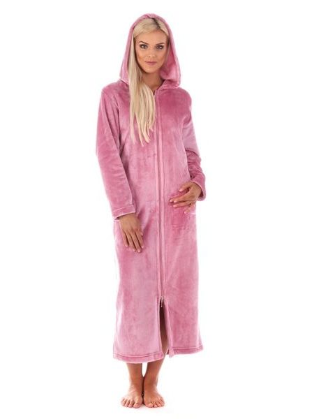 Dámský dlouhý hřejivý župan s kapucí a se zipem SIENA růžová