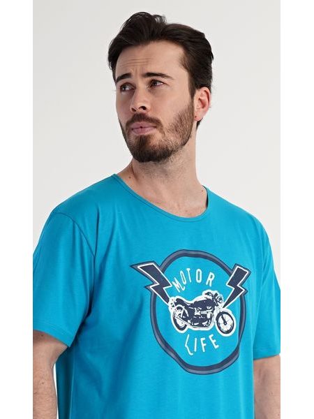 Pánská noční košile s krátkým rukávem Motocycle - tyrkysová