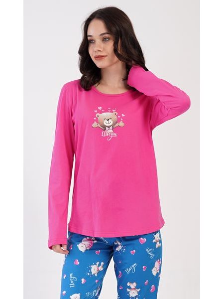 Dámské pyžamo dlouhé Méďa I love you - tmavě růžová