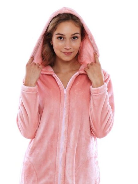 Dámský dlouhý hřejivý župan s kapucí a se zipem SIENA růžová perla