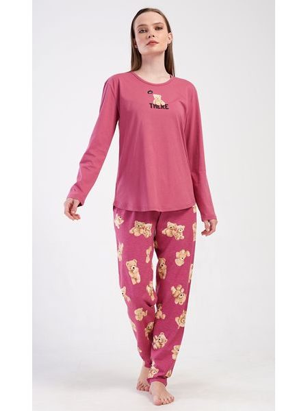 Dámské pyžamo dlouhé Pink bear - tmavě růžová