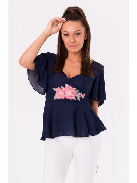 Halenka s květinovou výšivkou tmavě modrá