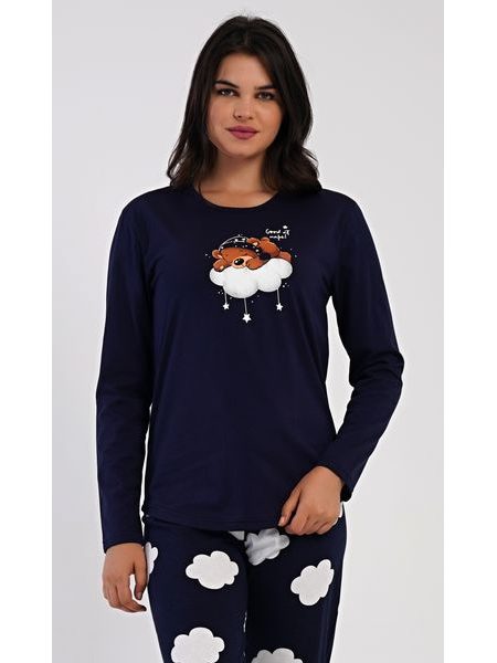 Dámské pyžamo dlouhé Méďa na obláčku - tmavě modrá