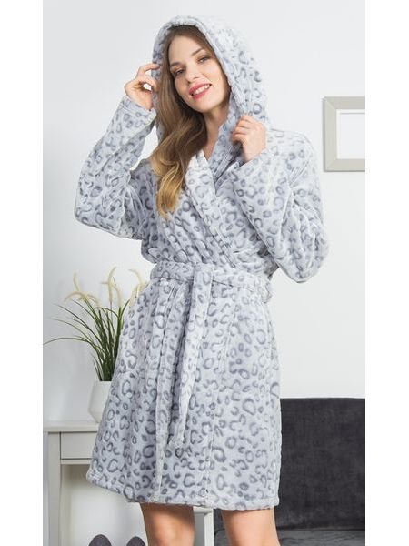 Dámský župan krátký s kapucí Leopard grey - šedá