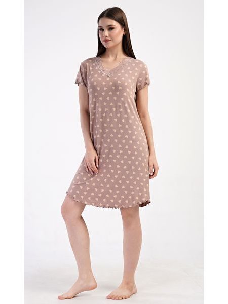 Dámská noční košile s krátkým rukávem Srdíčka - bílá káva