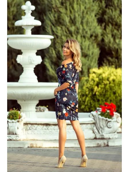 Šaty - barevné květy na tmavě modrém podkladu