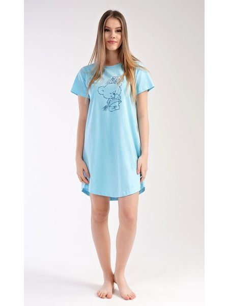 Dámská noční košile s krátkým rukávem Méďa s kytkou - mentolová