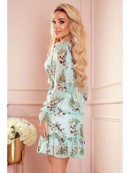 Šaty s volánky a širokou gumou - květiny na zeleném pozadí