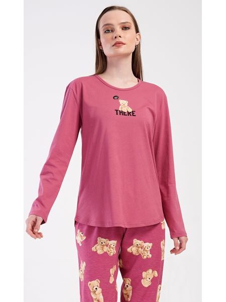 Dámské pyžamo dlouhé Pink bear - tmavě růžová