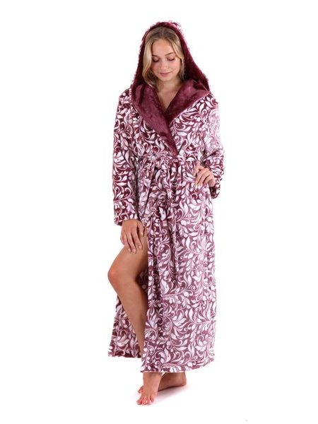 Dámský dlouhý župan s kapucí FLORA vínová/bílá