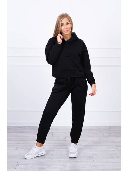 Zateplená černá souprava souprava s mikinou se zavazováním ve spodní části