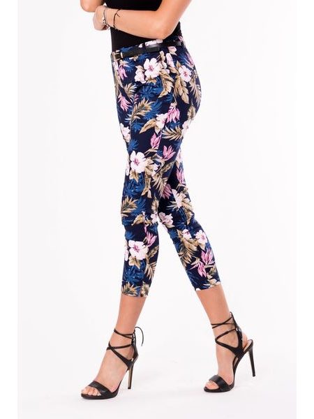 Kalhoty s potiskem květin tmavě modré
